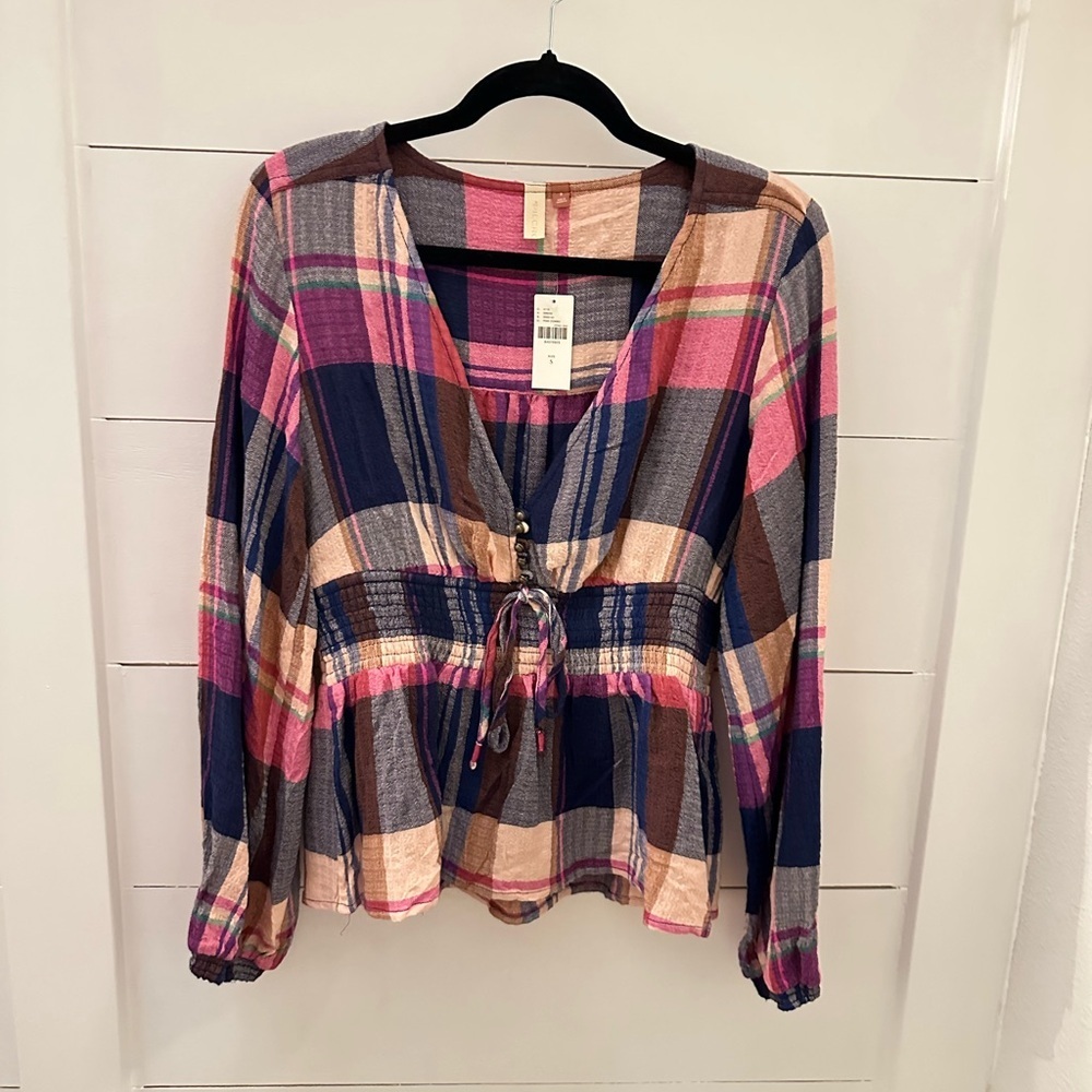 NWT ANTHROPOLOGY PILCRO S Deep V plaid babydoll long sleeve blouse Shabby Chic